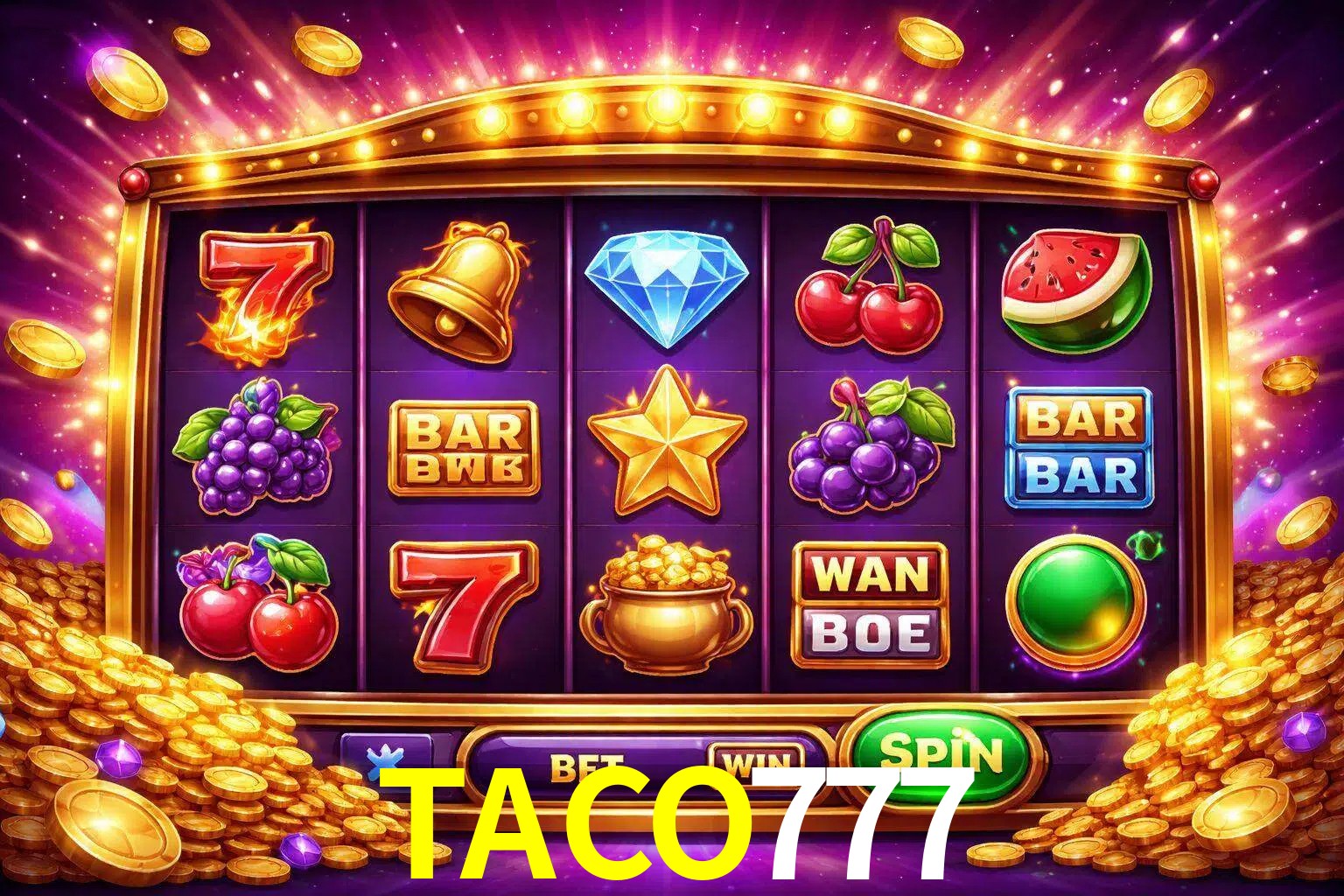 Una interfaz colorida de tragamonedas en línea con símbolos brillantes, monedas y un efecto de victoria celebratoria en TACO777.